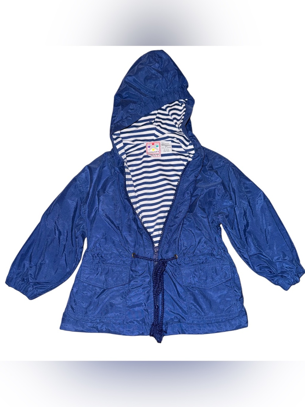 90s Vintage Children's Hooded Raincoat with Striped Lining - Blue